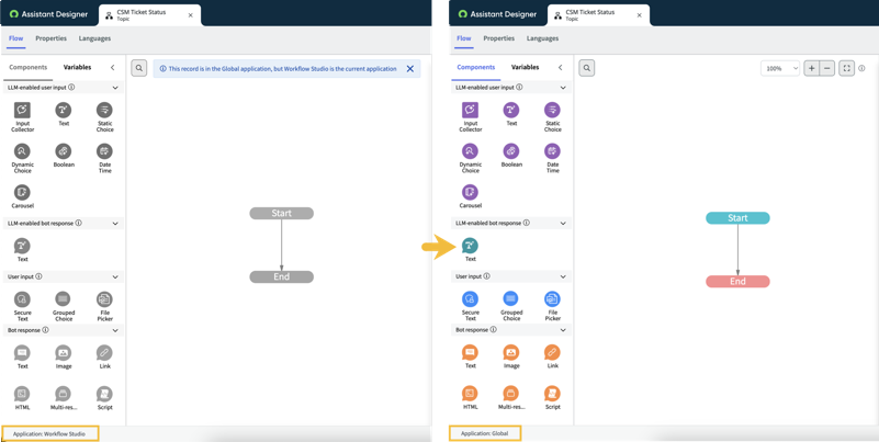 Topic opened to canvas view inVirtual Agent Designer, with Application scope highlighted. The topic unlocks for editing when you change the application scope to match the topic.