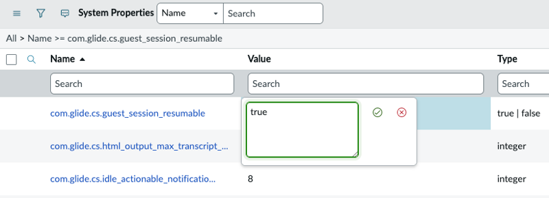 System Properties page with com.glide.cs.guest_session_resumable value set to true.