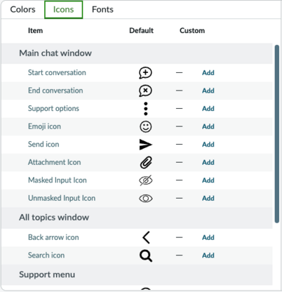 Chat branding Icons tab showing main chat window and all topics window icons.