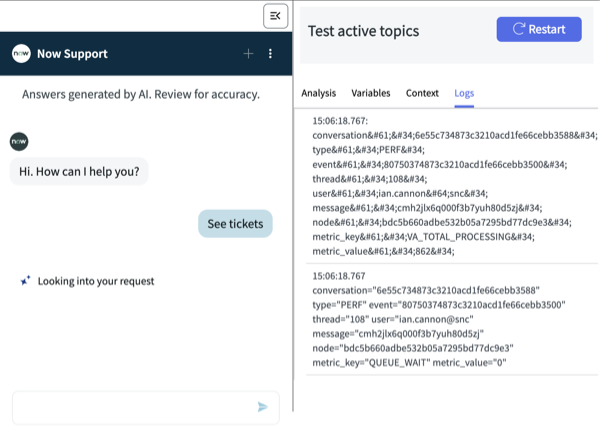 Logs tab that contains processing information about the topic.