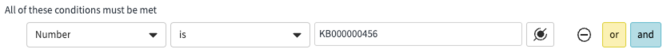 In the condition builder, specify a specific KB article or a range of articles. For example, Number is KB000000456.