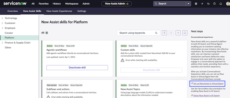Now Assist skills for Platform.