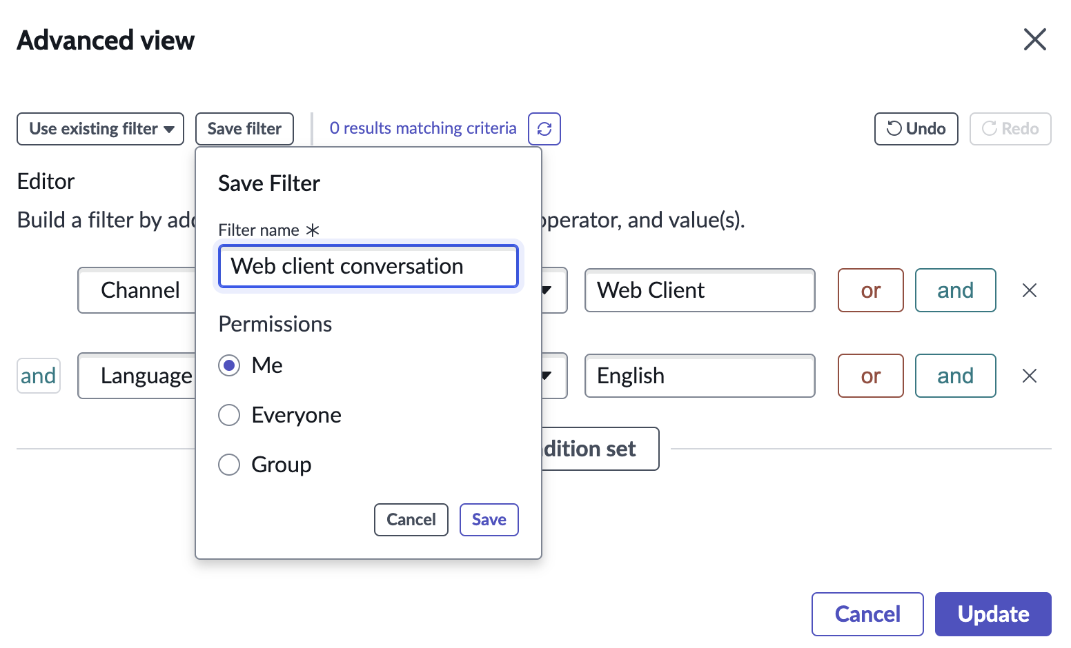 Filter editor filter conditions.