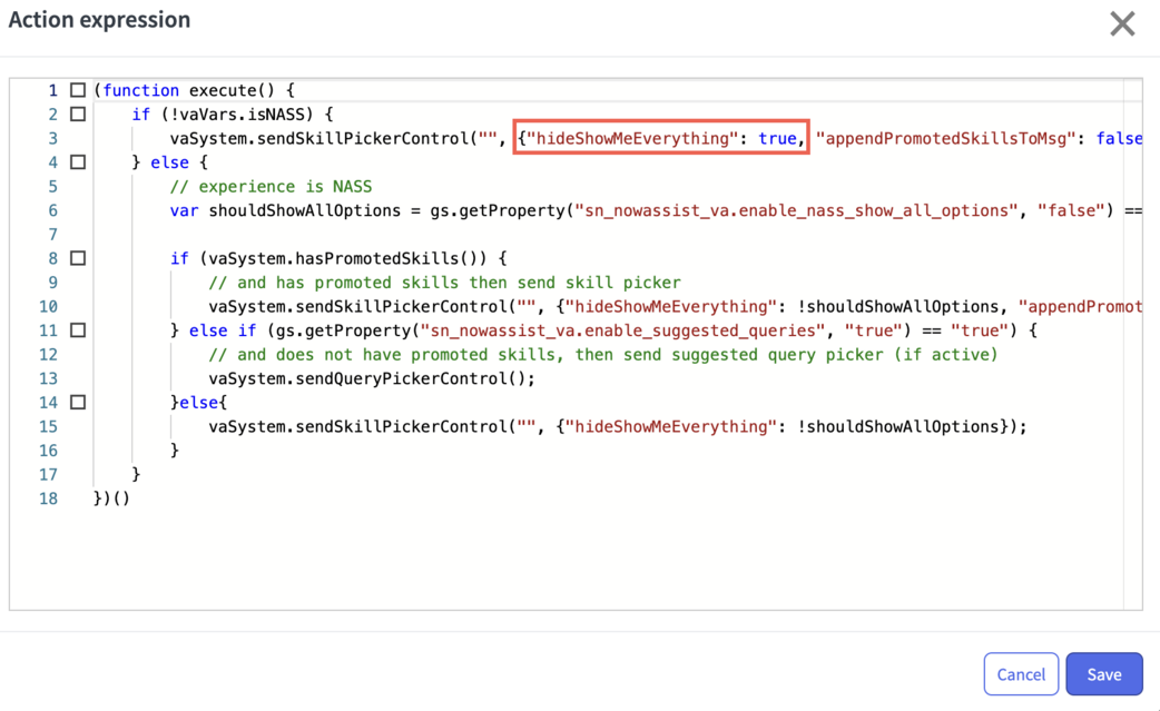 Send skill picker node Action Expression window with hideShowMeEverything value set to true.
