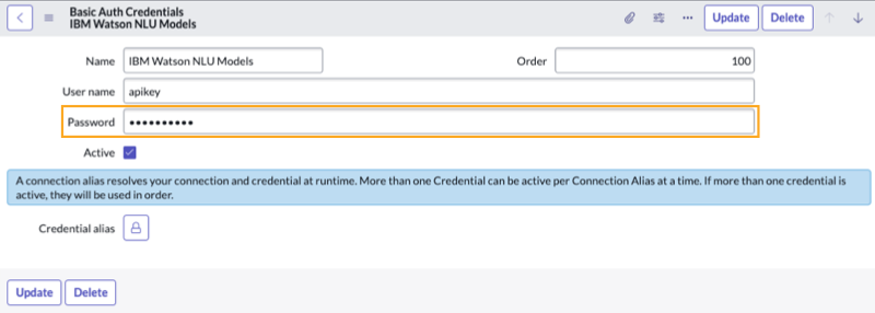 Enter the API key name and password on the Basic Auth Credentials form for the IBM Watson NLU model.