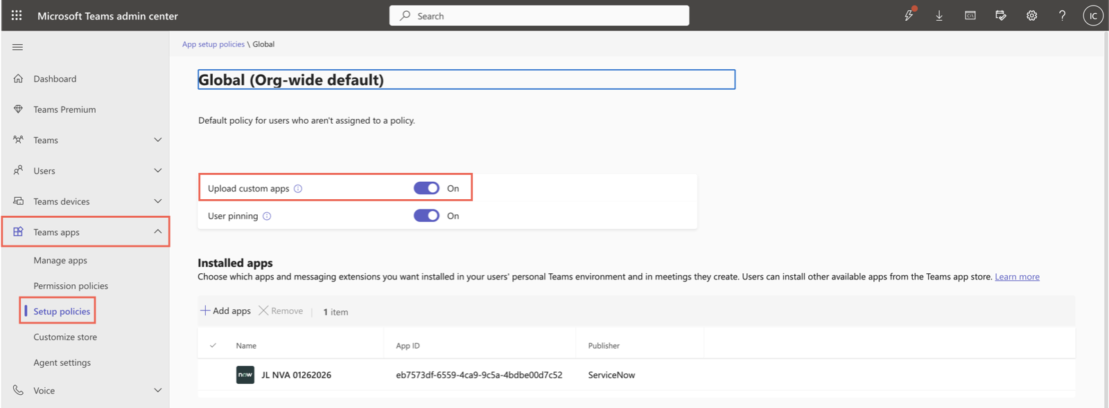 Microsoft Teams admin center portal, with Teams apps tab open and Setup policies selected. Teams apps, Setup policies, and Upload custom apps areas are highlighted.