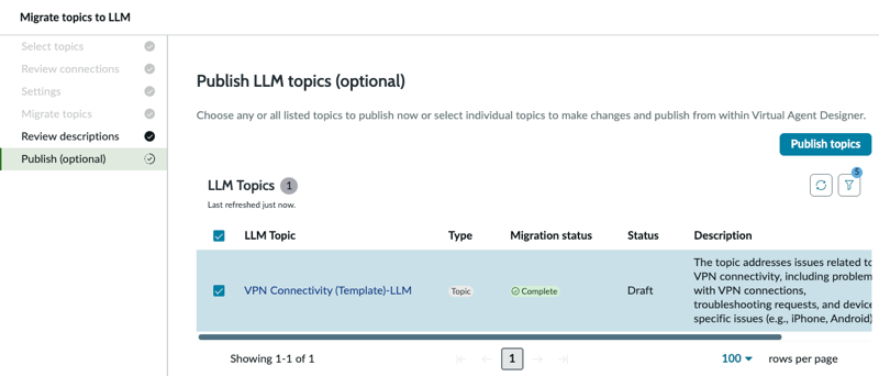 The Publish topics option becomes available after you select LLM topics for publication.