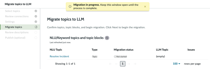 When migrating topics is in progress, the screen dynamically updates with which topics are Not Started, In progress, Complete, or Failing migration.