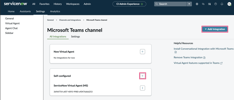 Manage Microsoft Teams channel in Conversational Interfaces general settings. The Add integration button and Self-configured bot option under Add integration are highlighted.