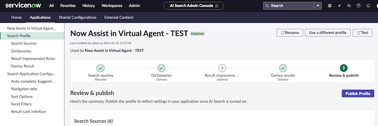 Review and publish profile in AI Search Admin console