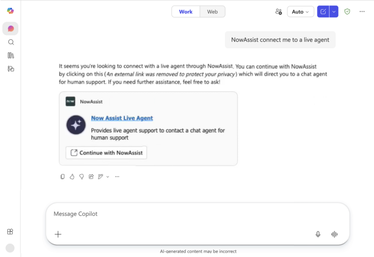Microsoft Copilot responding to your request to connect to a live agent.