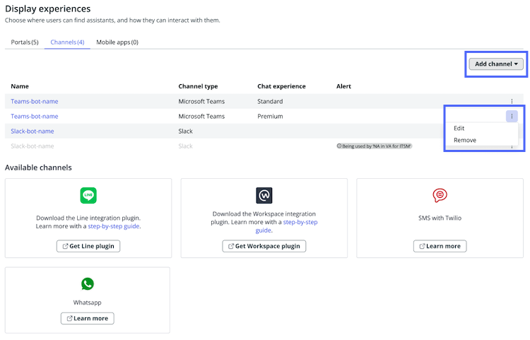 List of channels to integrate with Virtual Agent.
