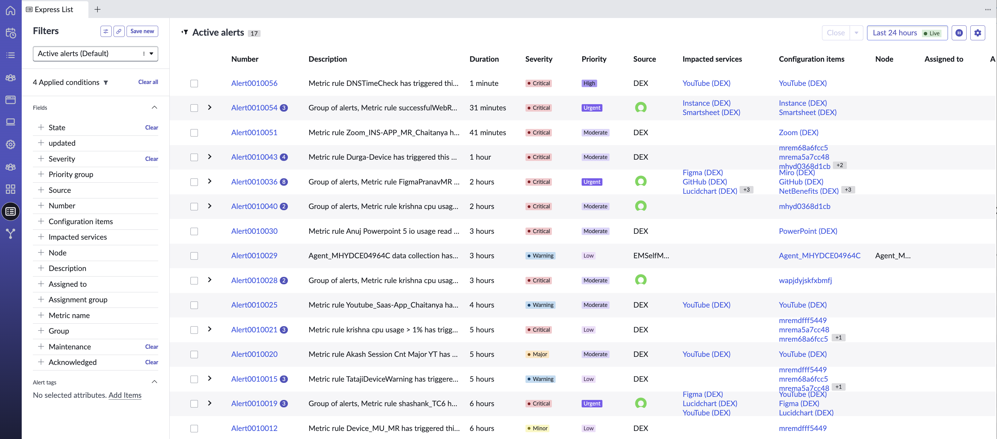 Active alerts in the Express list.