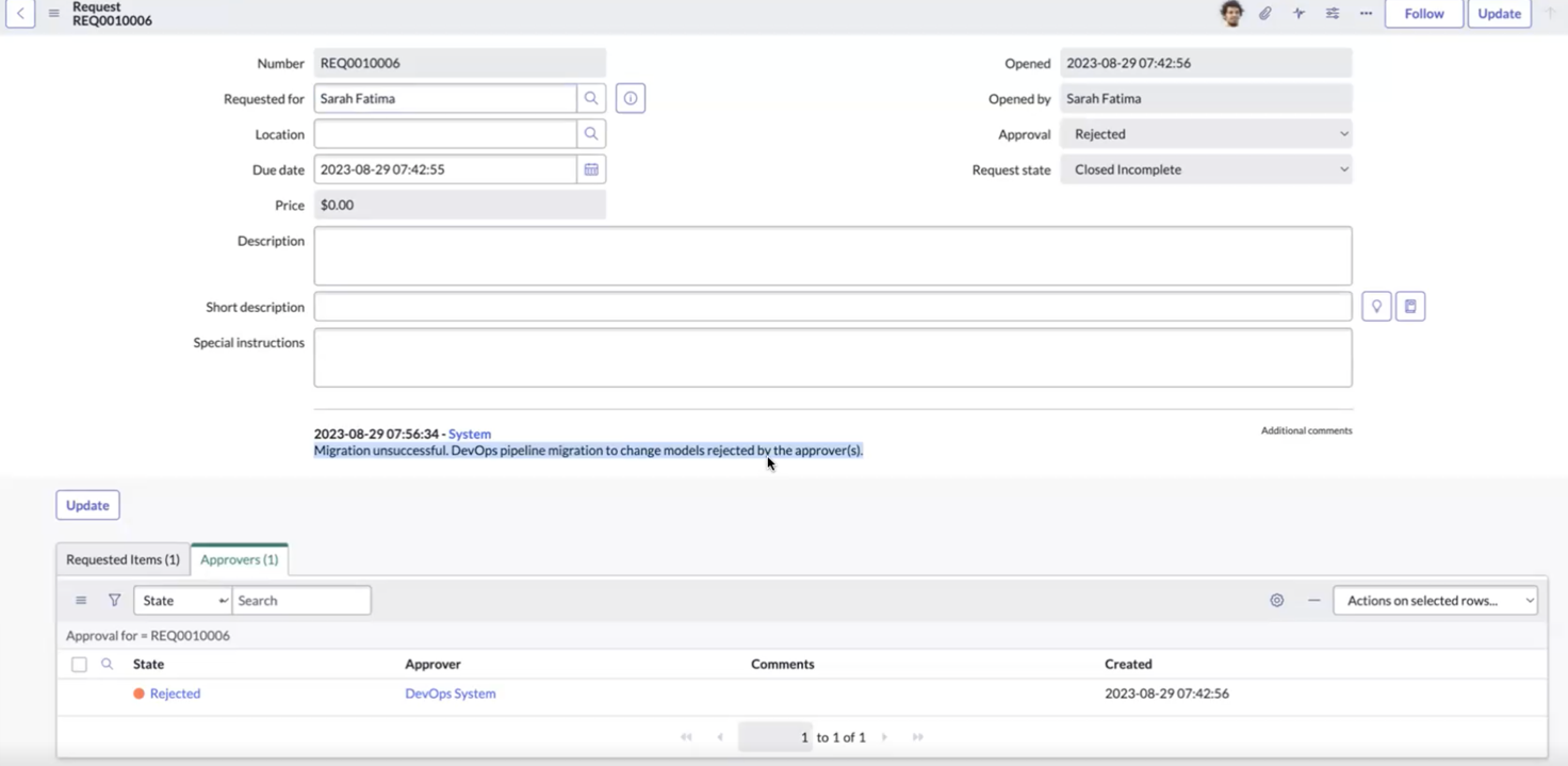 Rejection comment in request record
