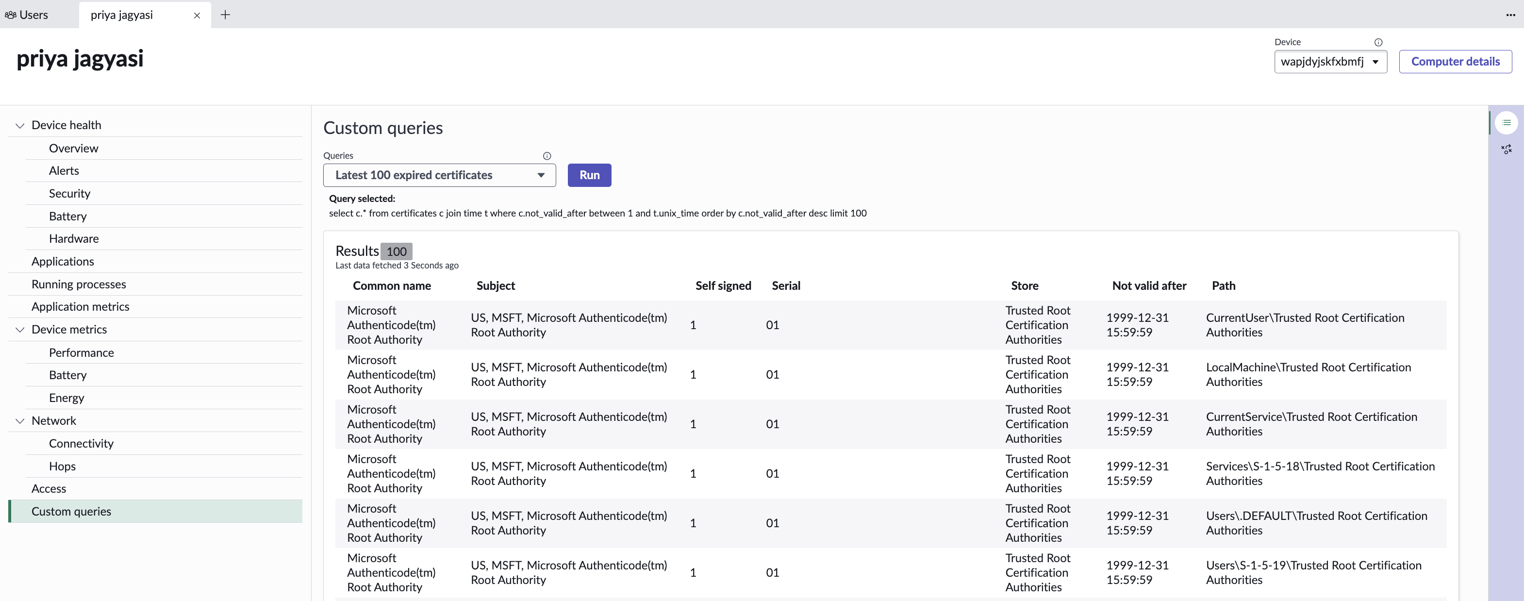 Execution of the Latest 100 expired certificates query on the selected device, retrieving top 100 expired certificates.