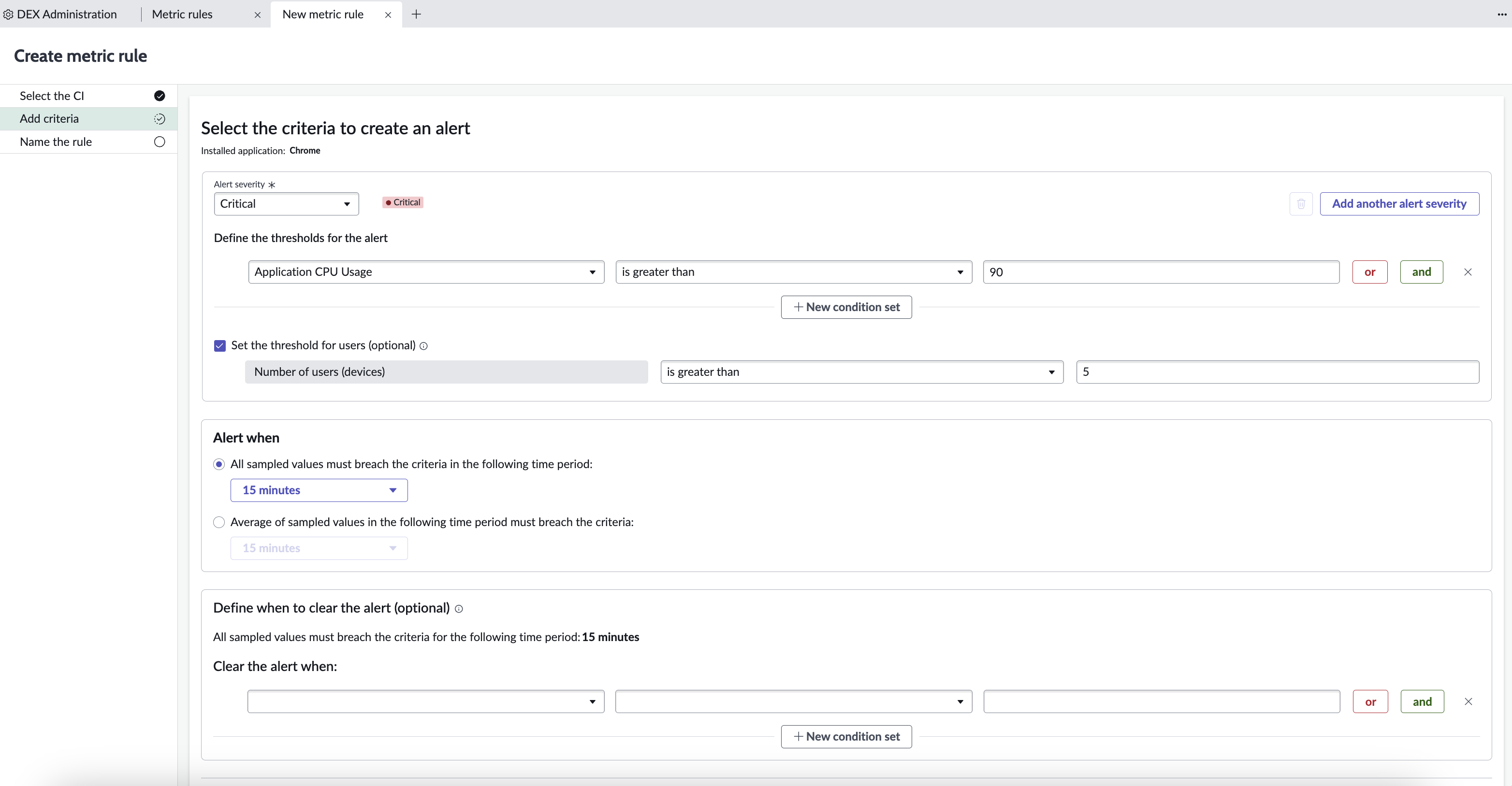 On this page, you can define criteria based on the number of impacted users to trigger the alert.