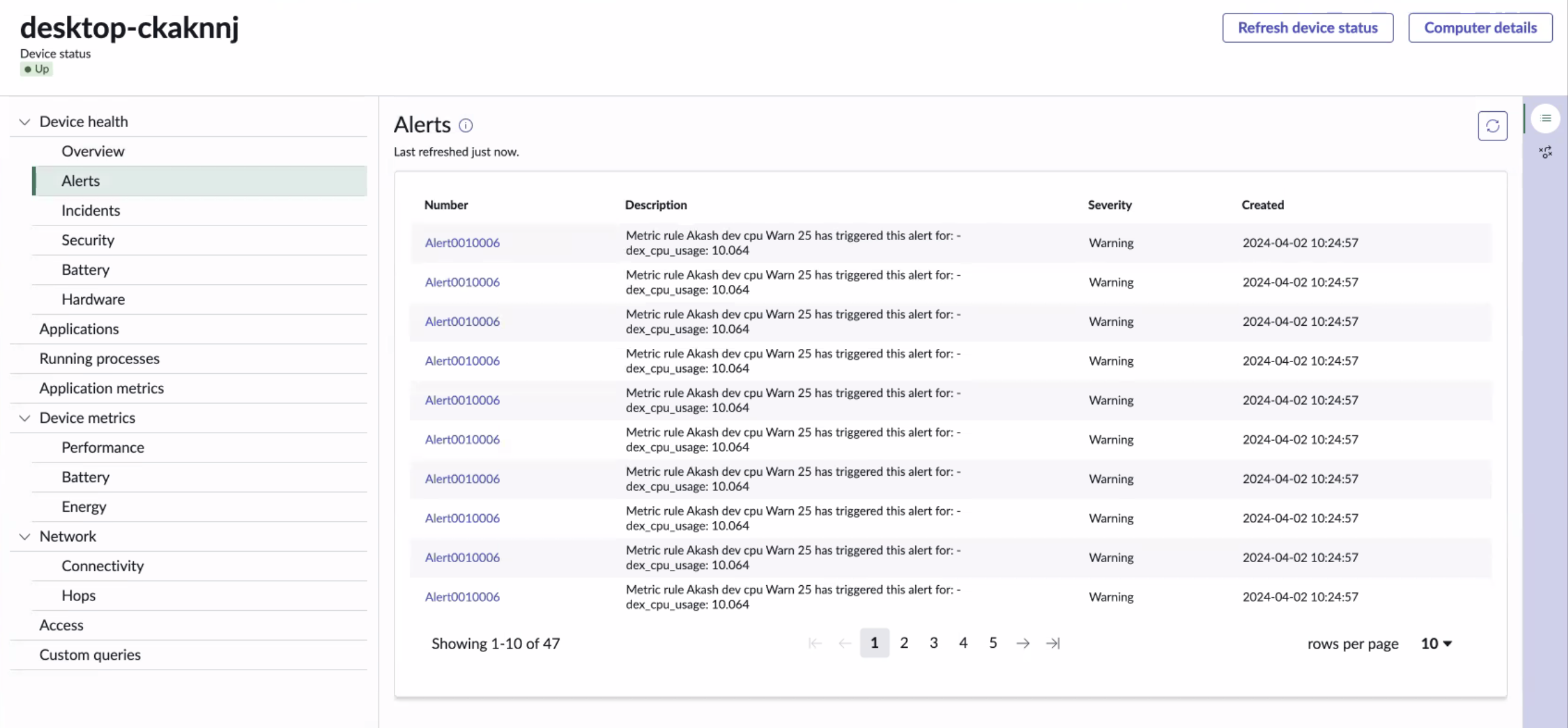 Open alerts for the device, each with a unique identifier and details including issue summary, severity, and creation timestamp .