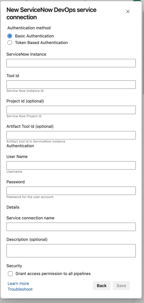 New Service Connection in Azure DevOps for basic authentication method