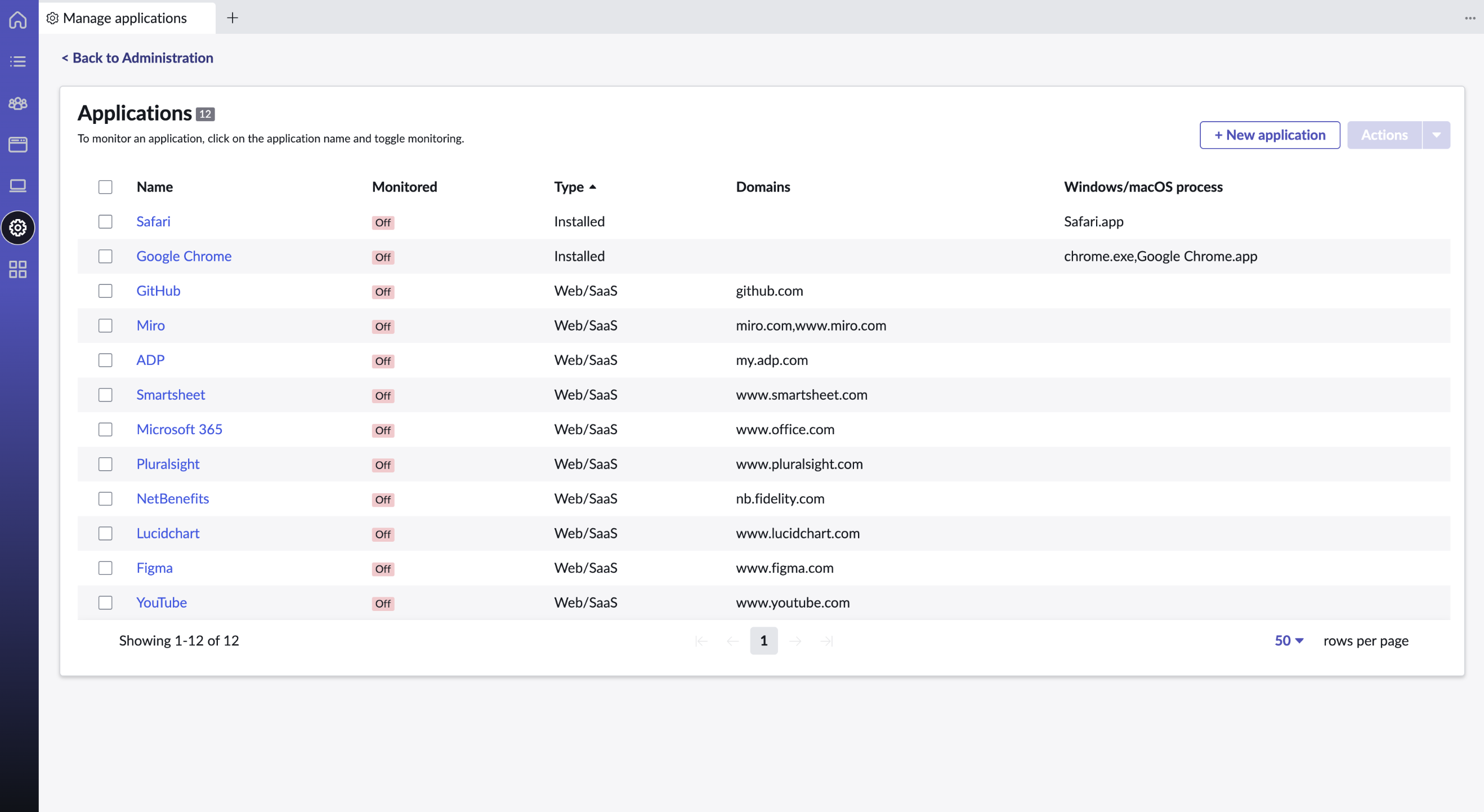 A pre-existing list of applications available for monitoring is provided. You can also add your own application to the list.