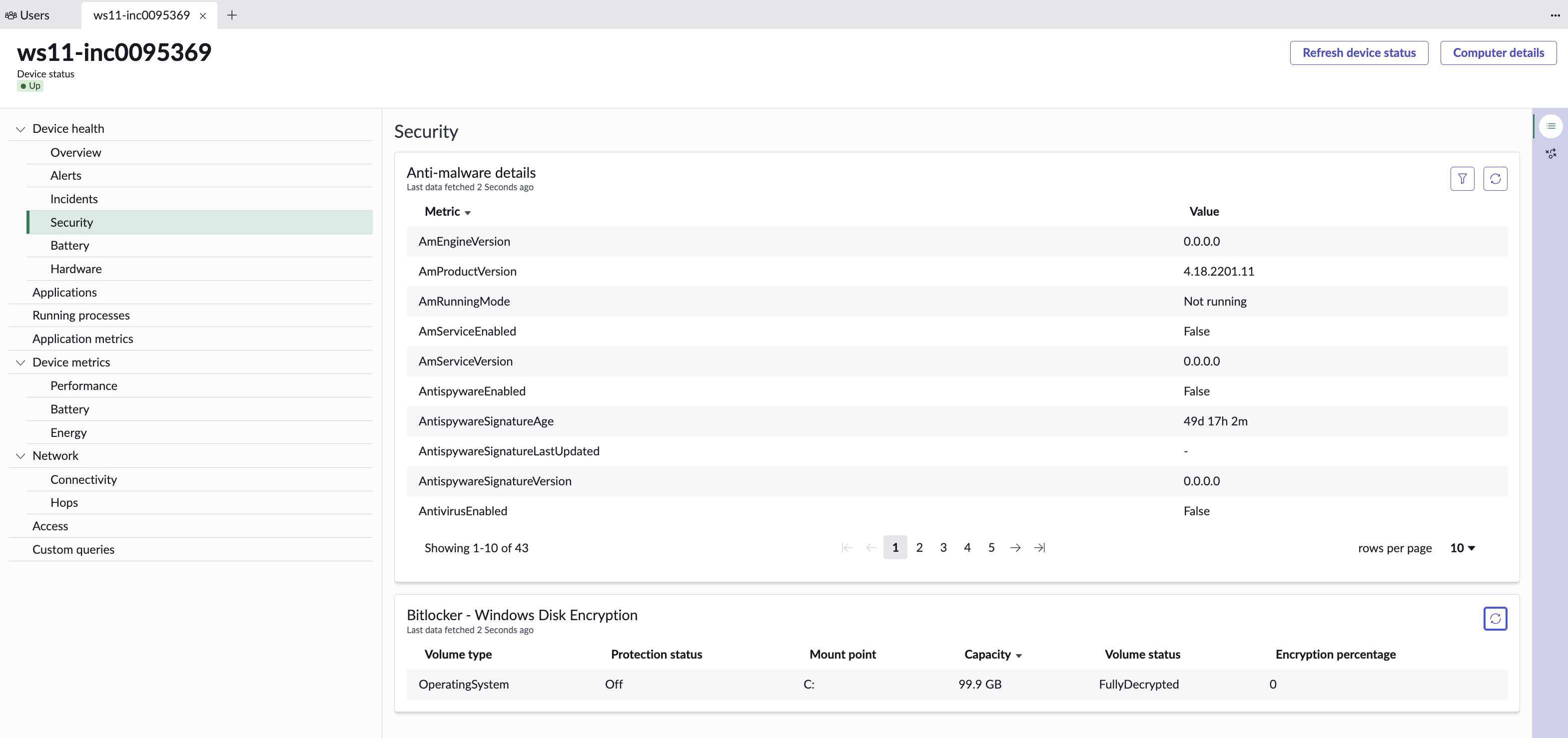 Overview of device protection insights on the Security section for the user's Windows device.