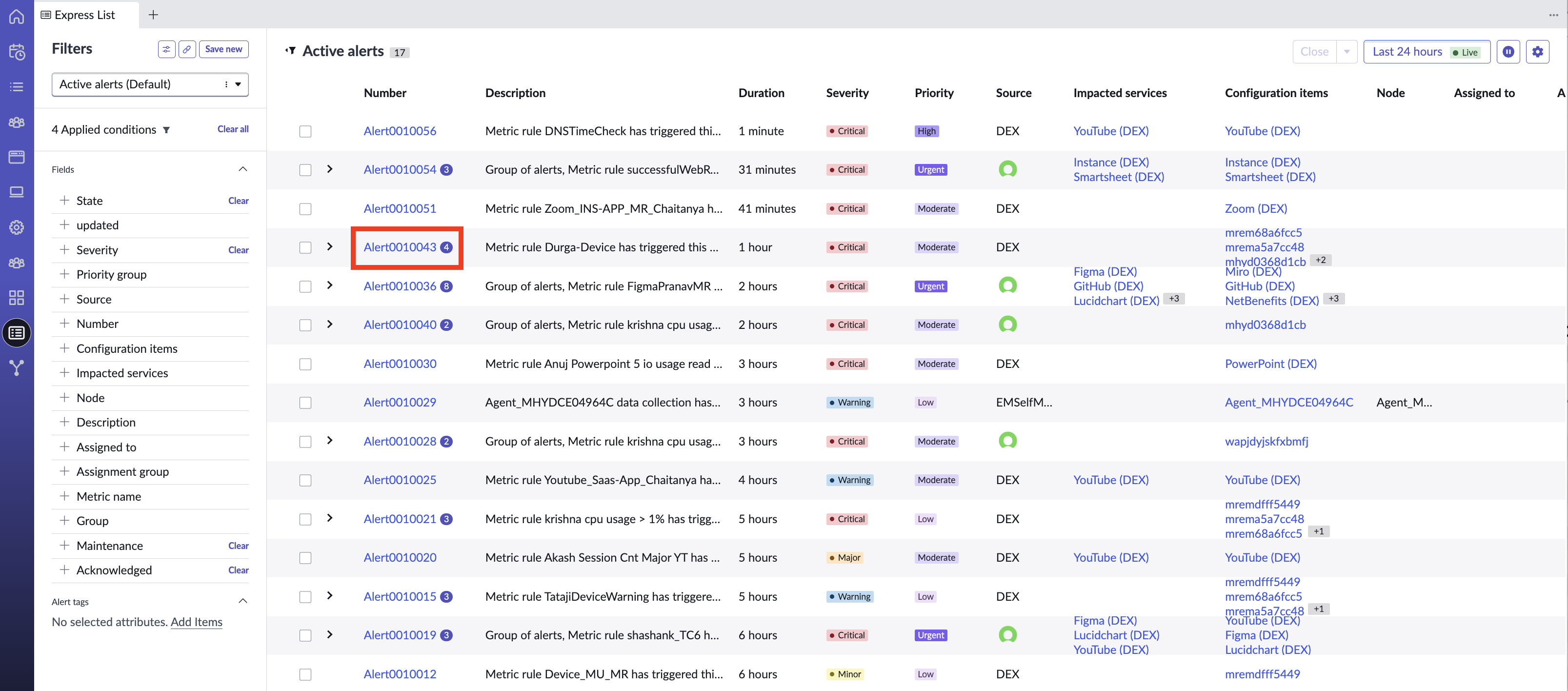 Active alerts grouped in the Express list.