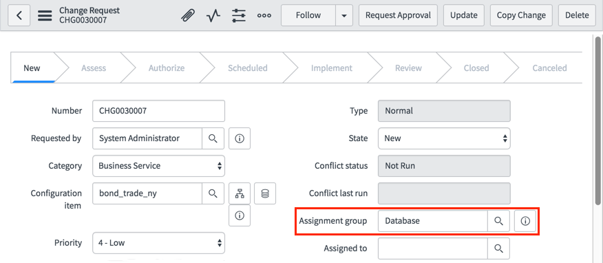 Assignment group added to the change request