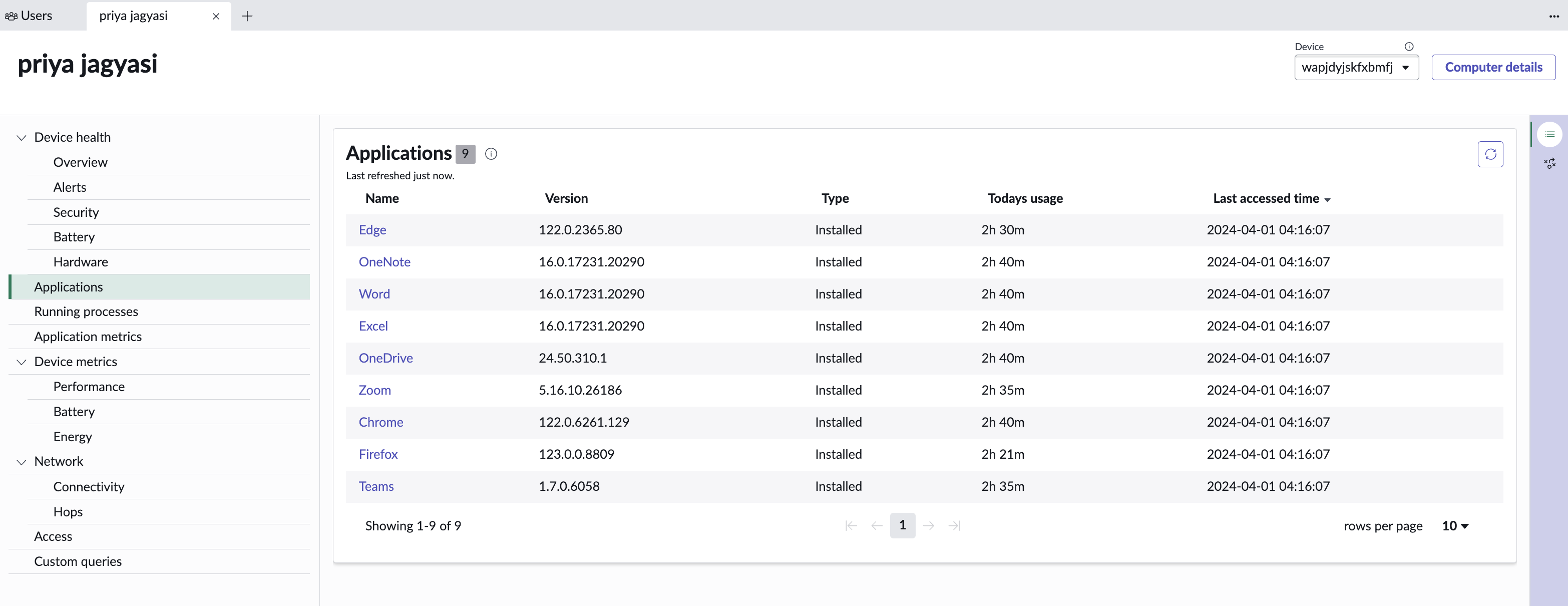 Access comprehensive application details like Name, Version, Type, Today's Usage, and Last Accessed Time for optimized application management on the Applications page.
