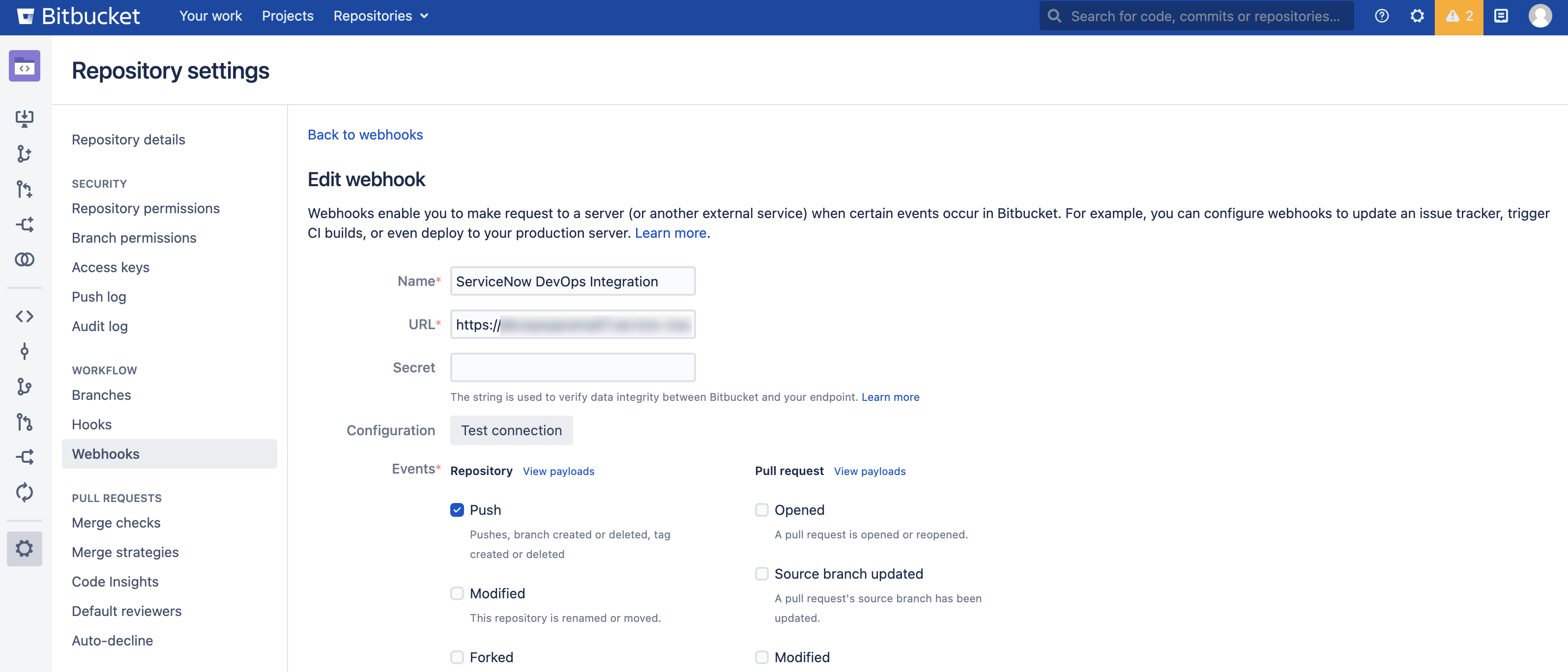 Configure webhooks manually in Bitbucket