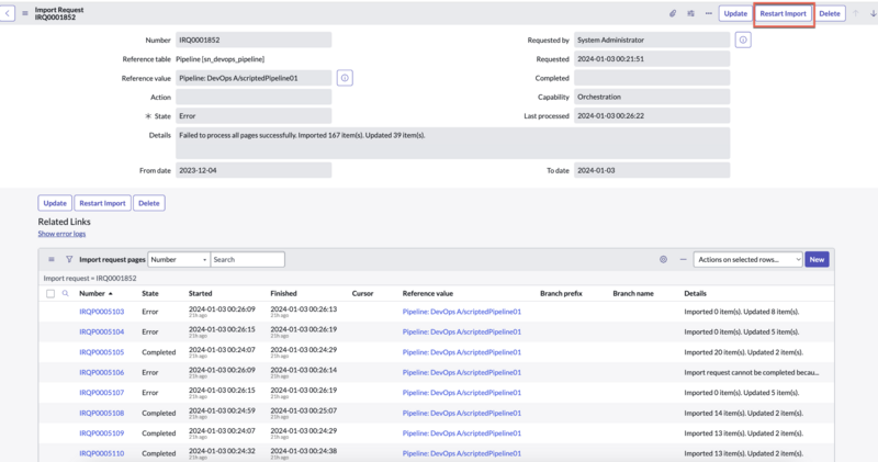 Restart Import button for Import Request
