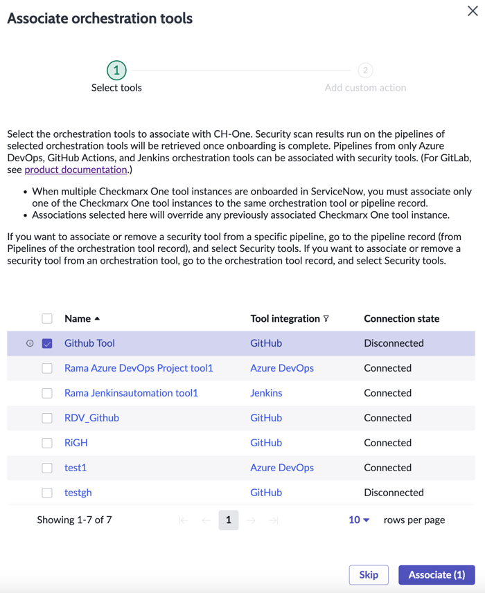 Select tools dialog box to associate orchestration tool from Checkmarx tool record