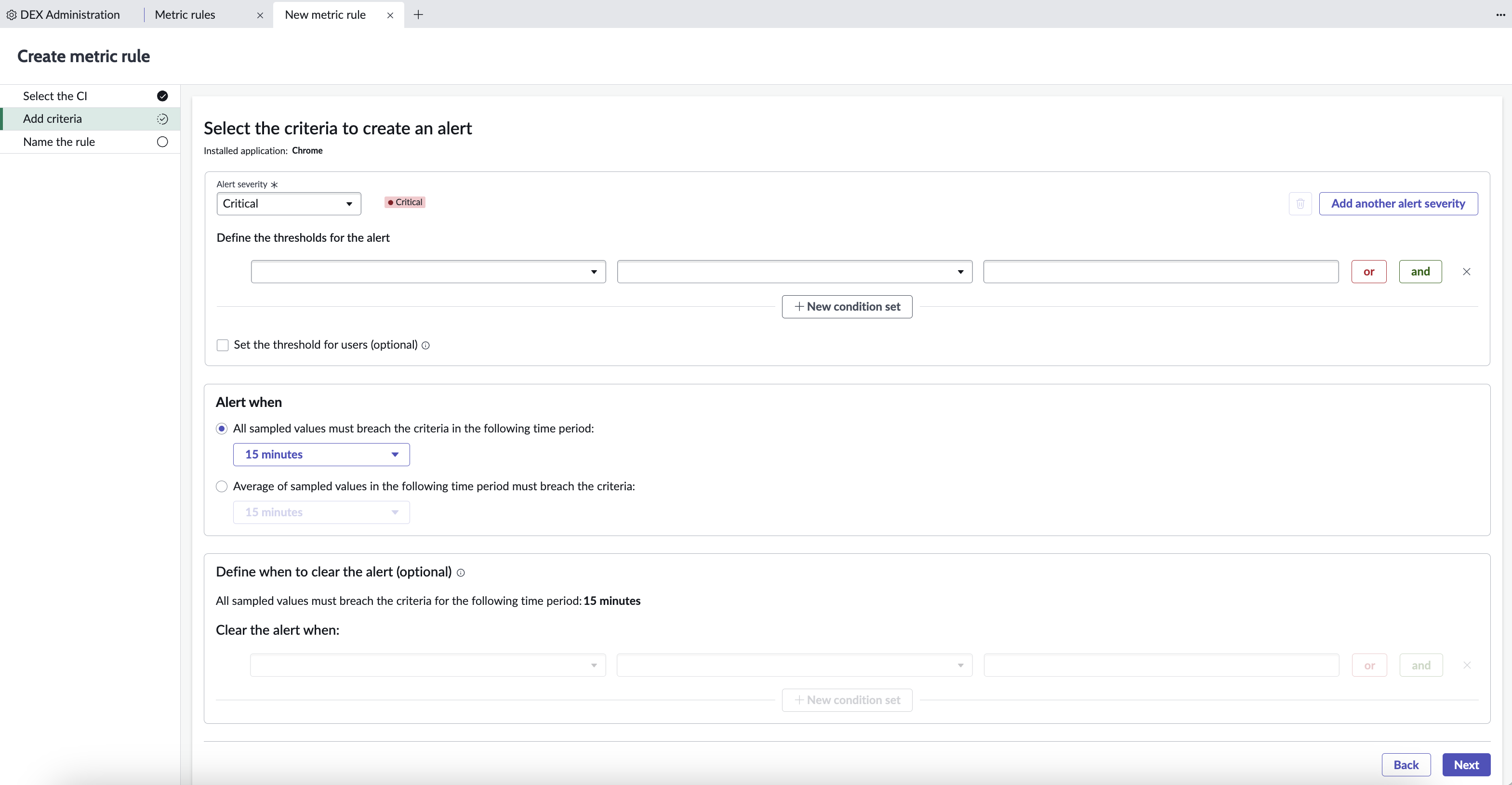 Add criteria window to create an alert.