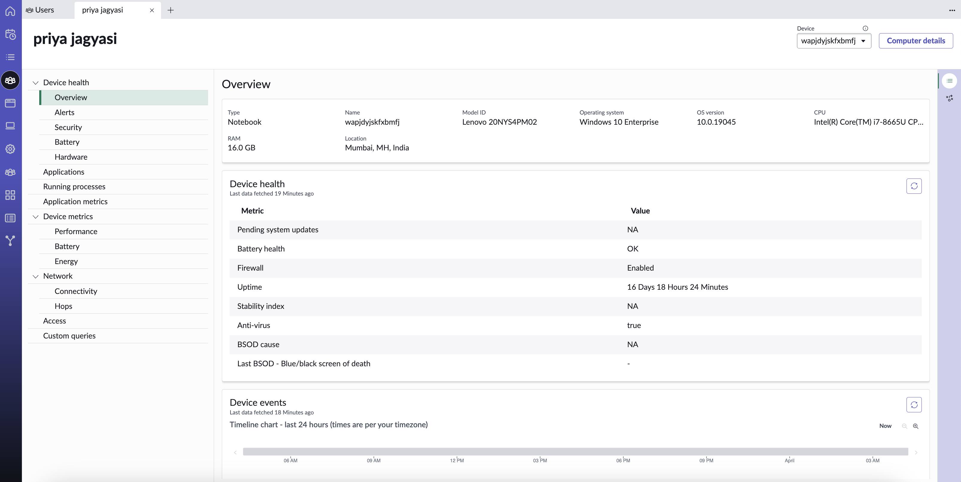 Summary of device health status, including software installations, pending updates, and OS details in the Device Health section.