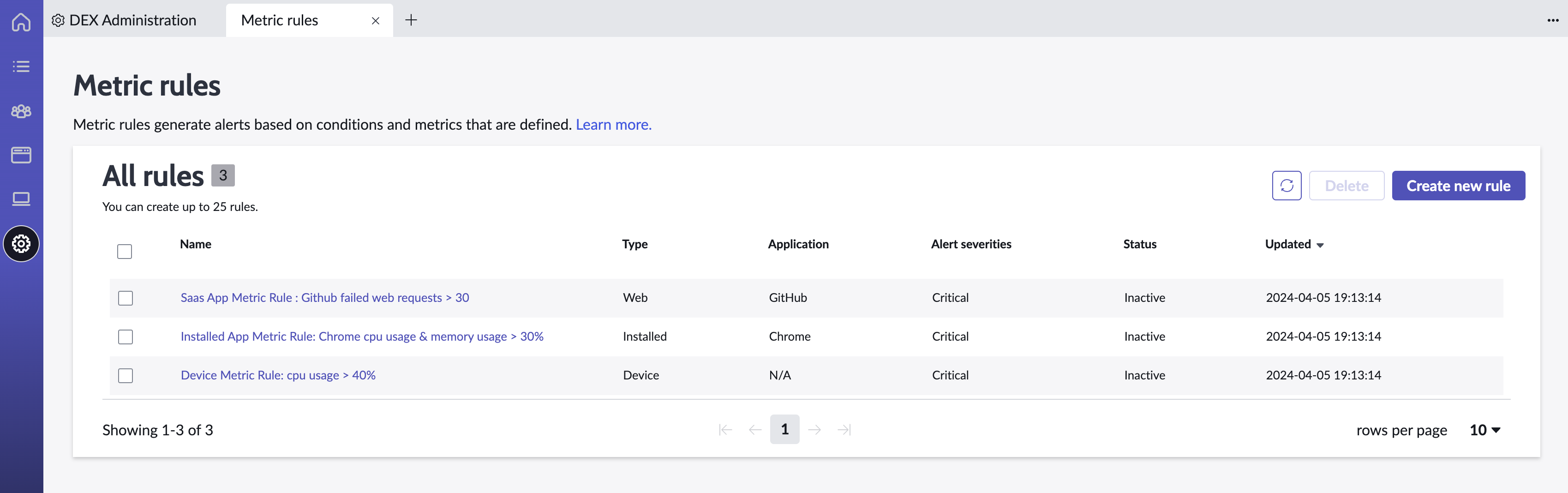 Metric rules page with a set of pre-configured metric rules.