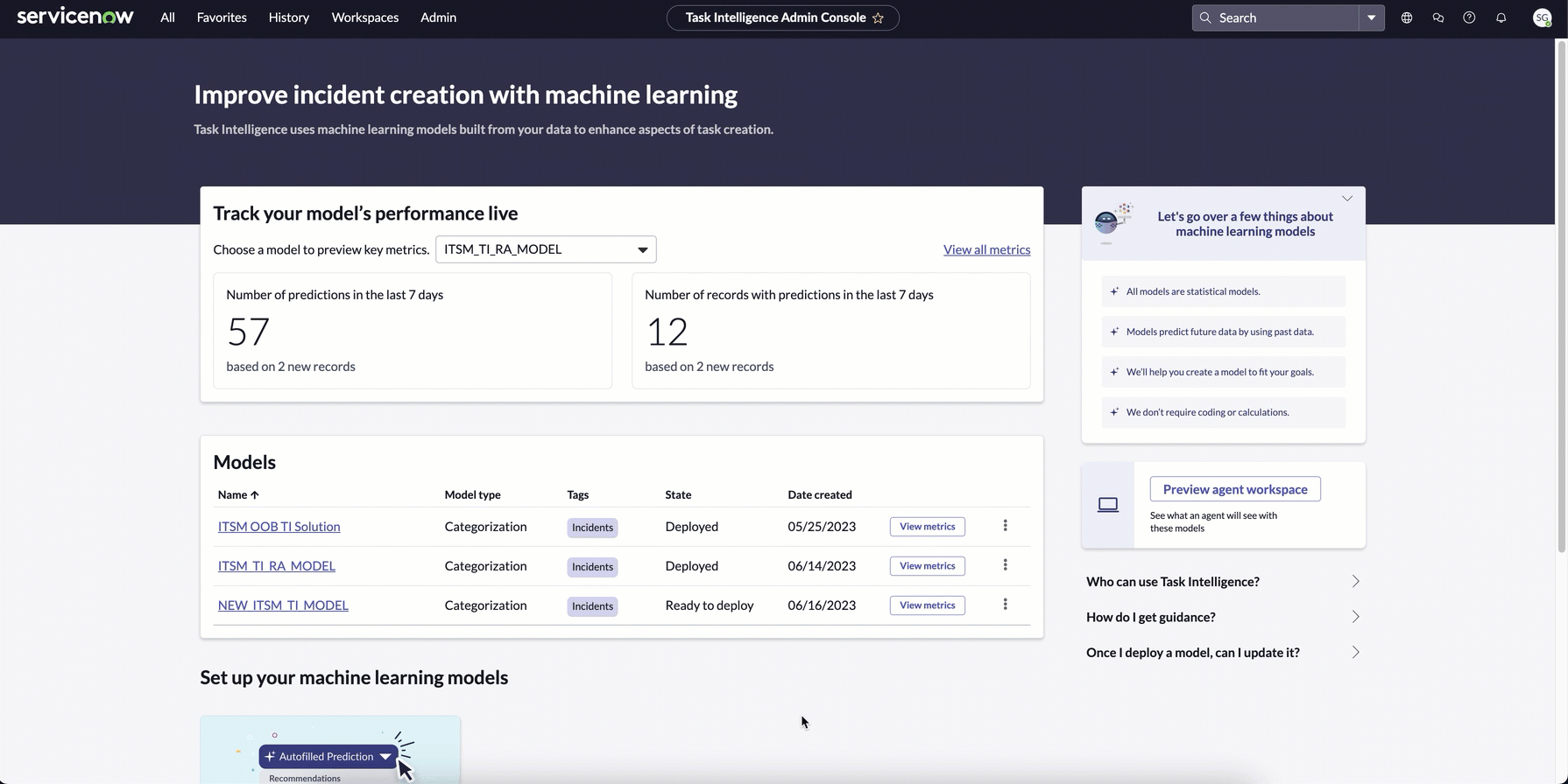 UI of the Task Intelligence Admin Console page.