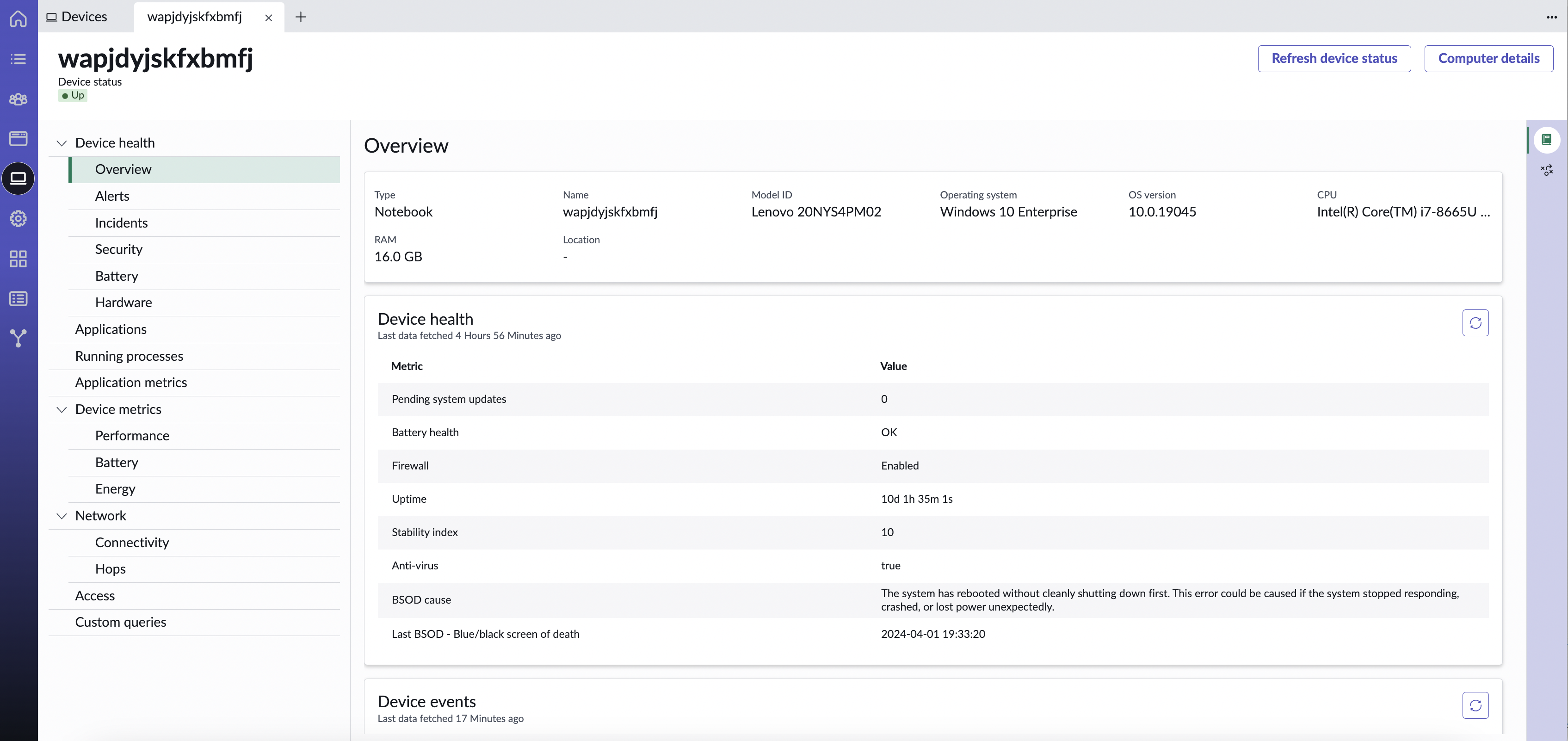 Snapshot of device details at a glance.