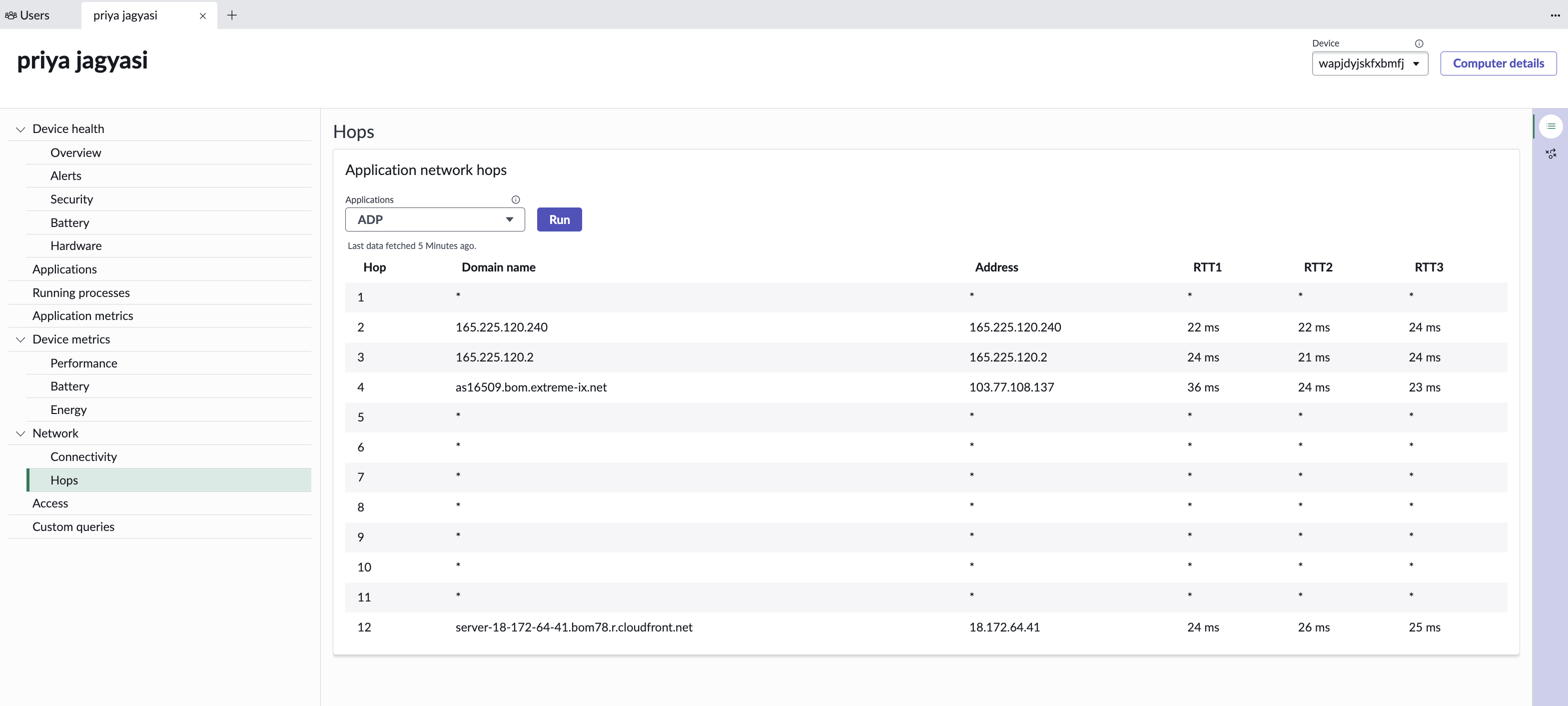 View hop details like domain name, address, and round-trip times for comprehensive insights.