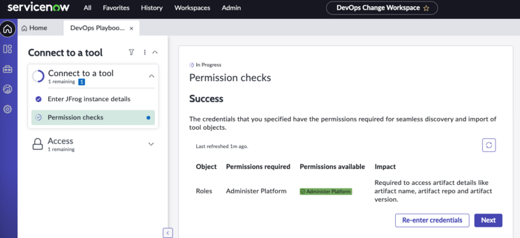 Connect to JFrog tool - Permission checks screen