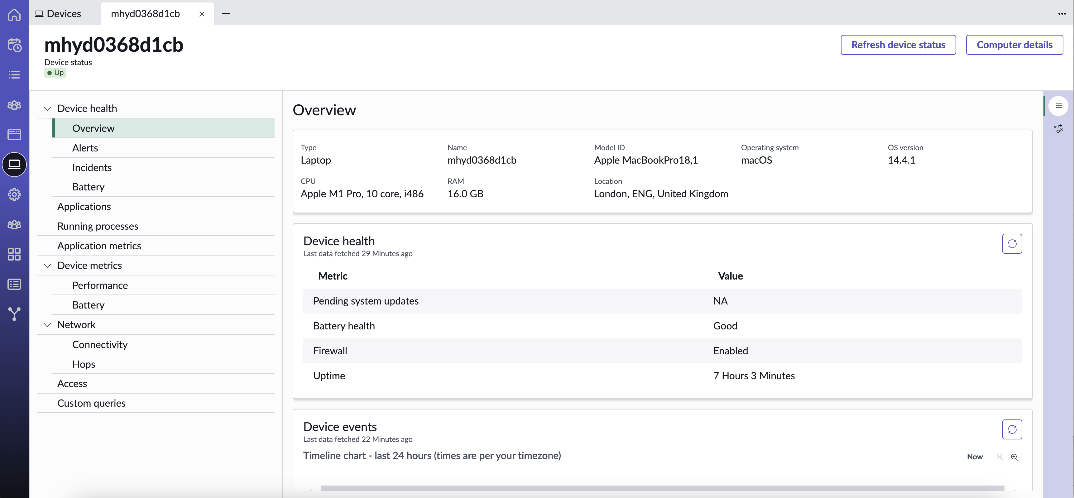 Overview of user device health, application metrics, network status, and more on the User Details page.