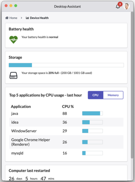The Device Health page that provides information on battery health, storage space, top 5 applications by CPU and memory usage in the last hour, and the last computer restart.