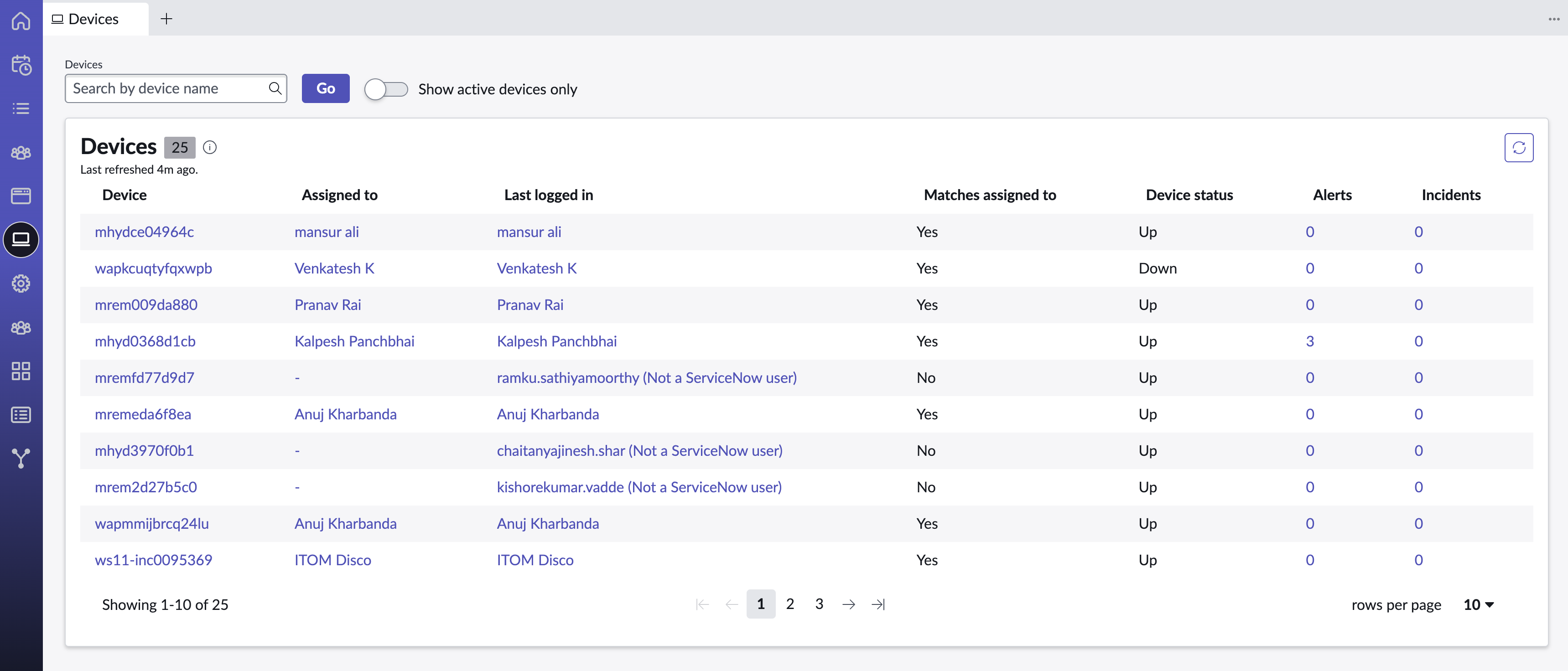 The Device page provides information on the device, its assigned user, last login, matching assignments, status, active alerts, and incidents.