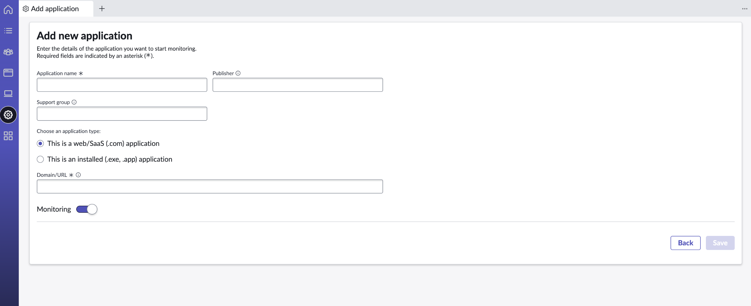 The application form for adding details of the application that has to be monitored.