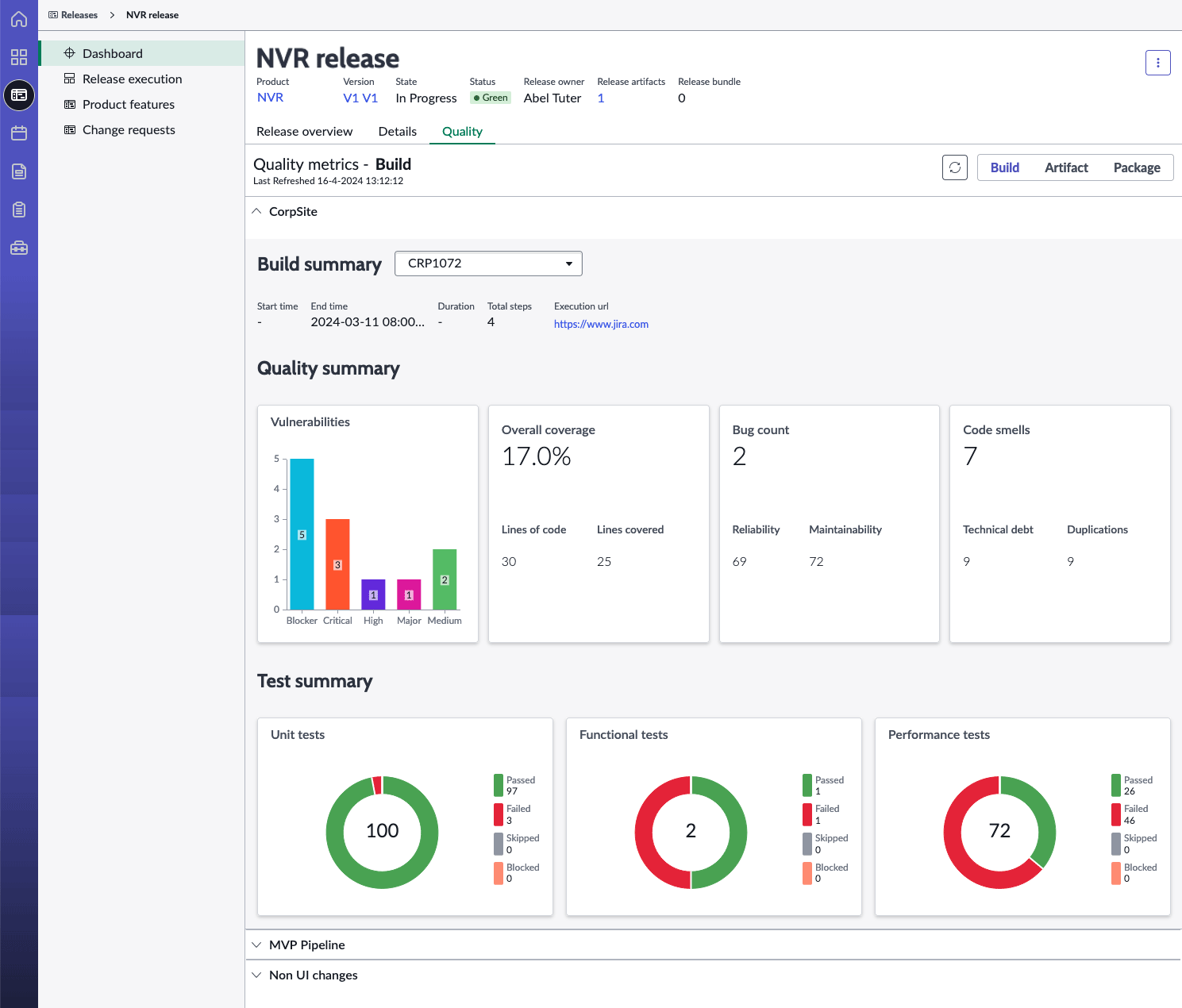 Animated gif showing Build, Artifact, and Package tabs on the Release Quality dashboard.