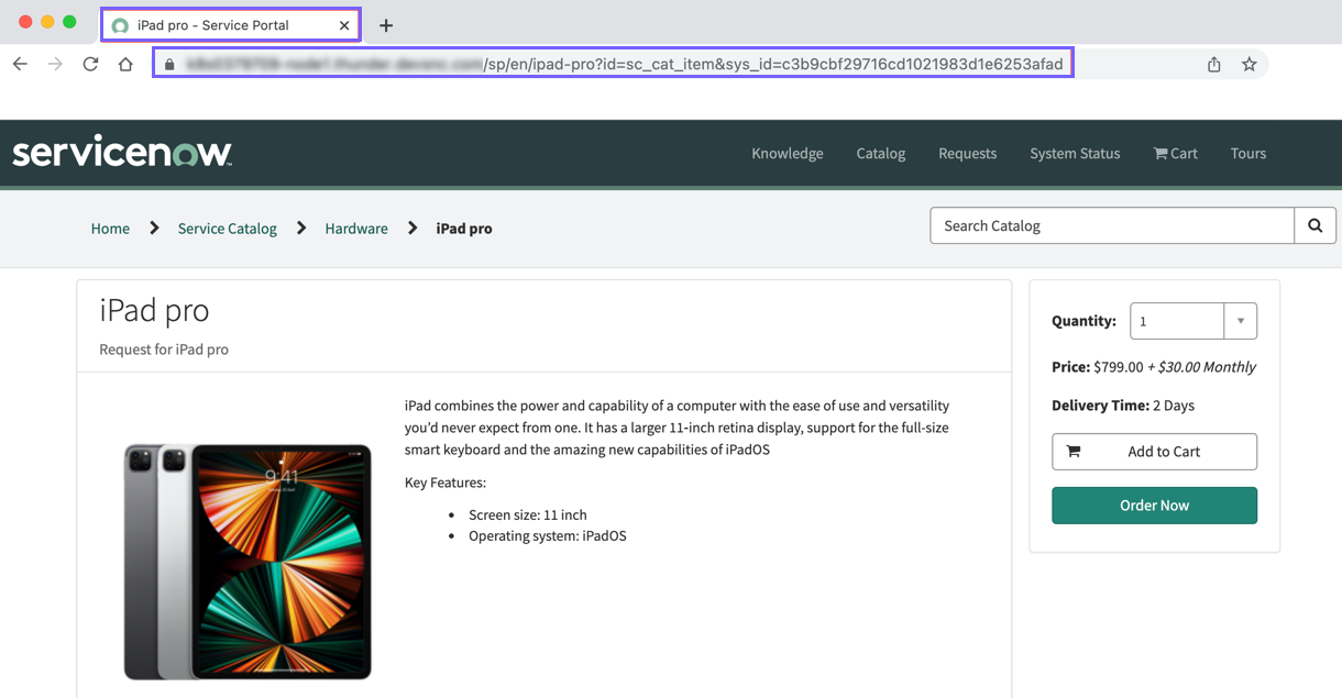 Dynamic page title and URL keywords based on the catalog item sys_id specified by the URL parameter