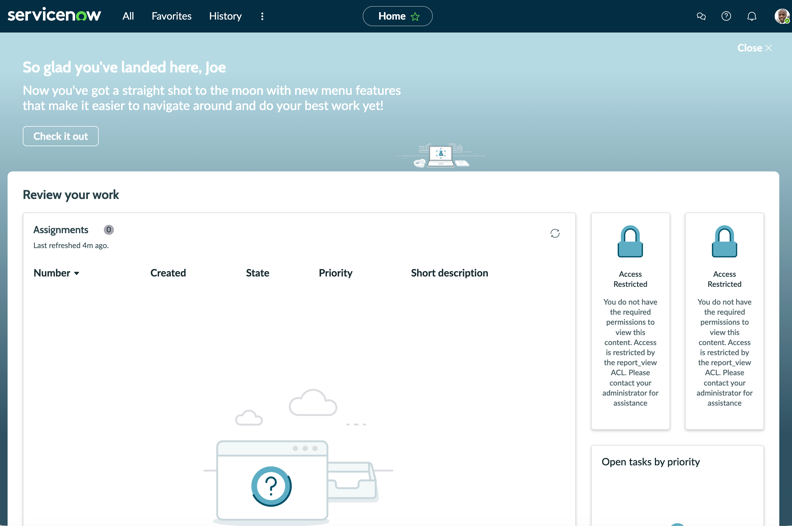 User's default landing page with two approvals, two single-score visualizations and one list visualization.