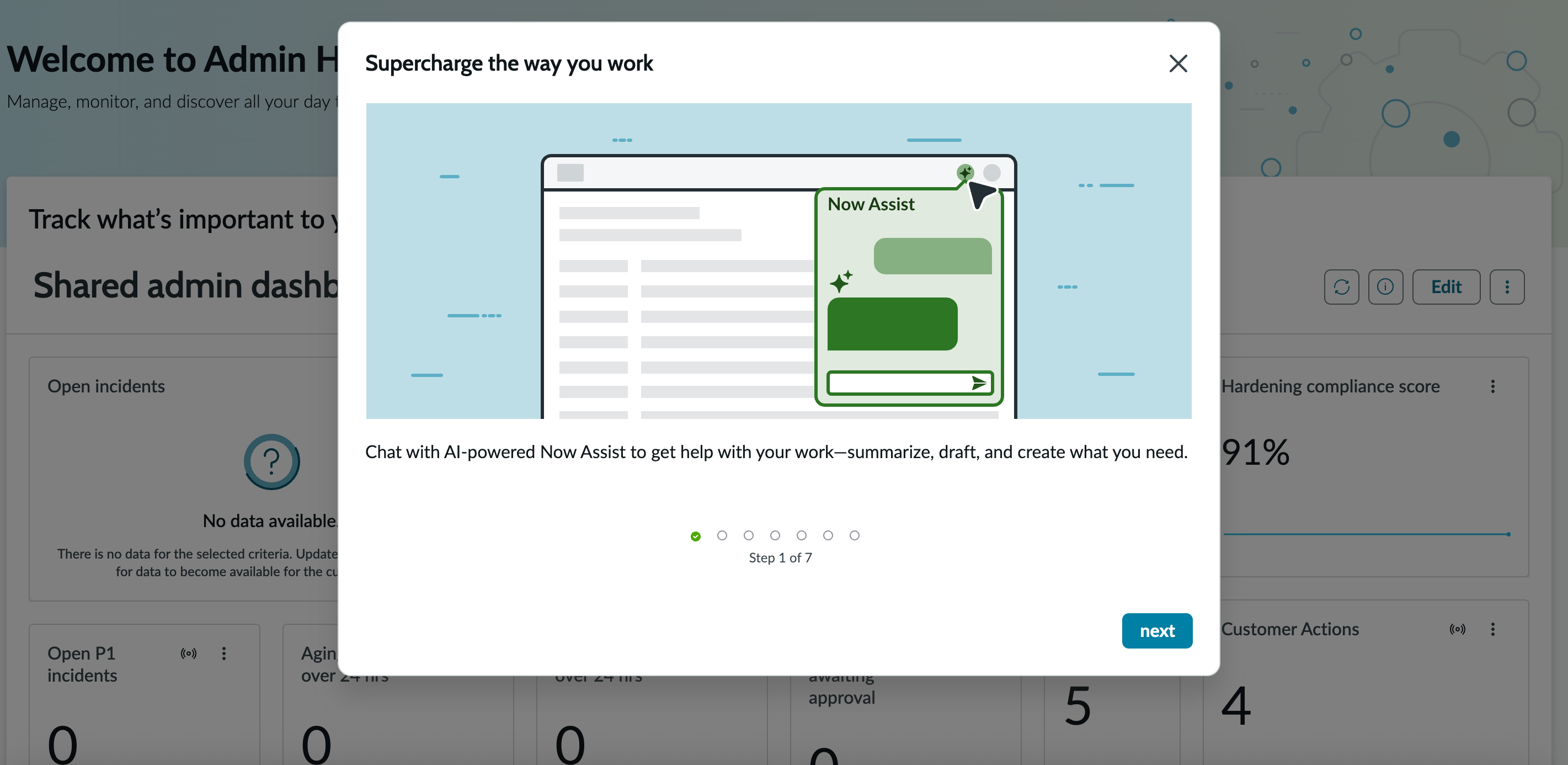 An onboarding modal introduction slide in an ITIL dashboard.