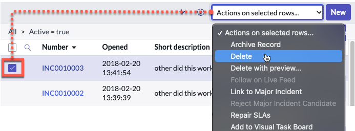 Action check boxes and action choice list.