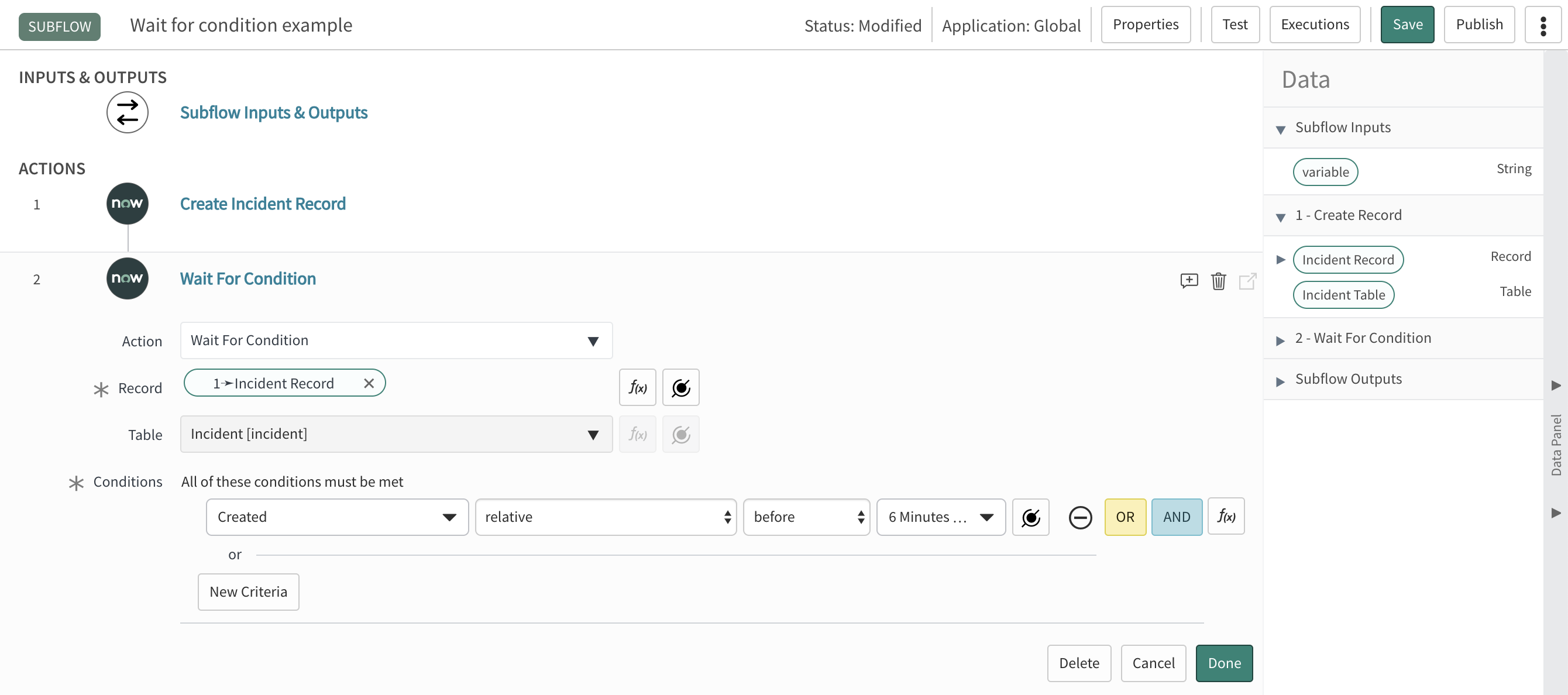 Condição não atendida para uma ação Aguardar condição no Flow Designer.