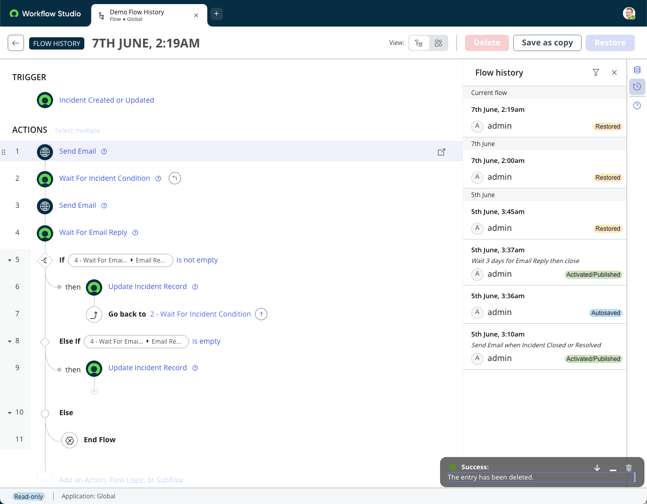 O Workflow Studio exibe a entrada do histórico de fluxo atual