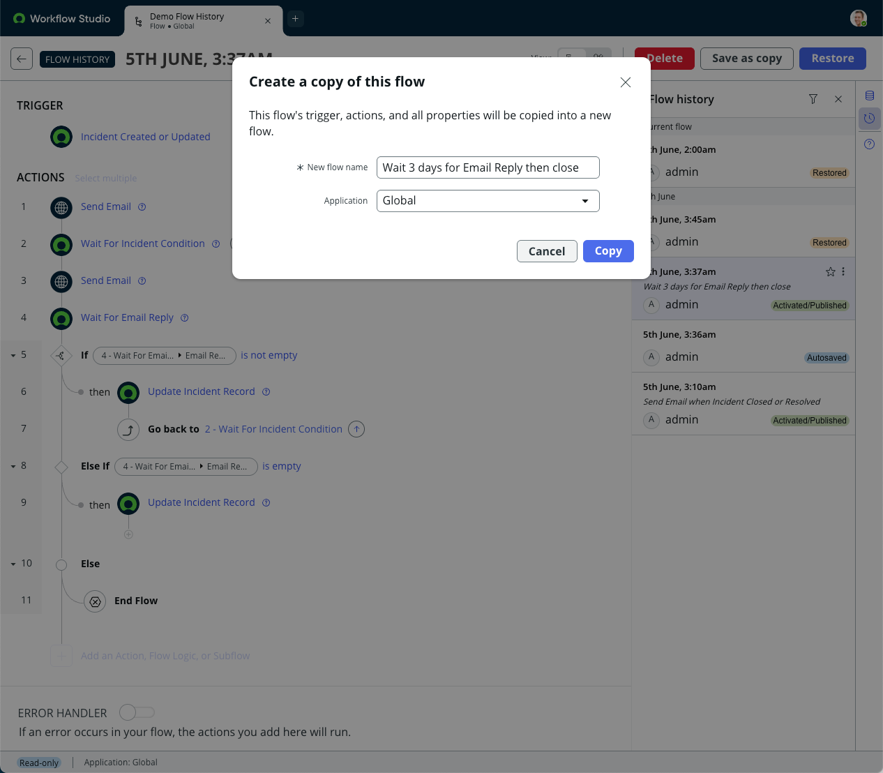 Crie uma cópia desta caixa de diálogo de fluxo. O novo nome é Aguardar 3 dias para Resposta de e-mail e Encerrar.