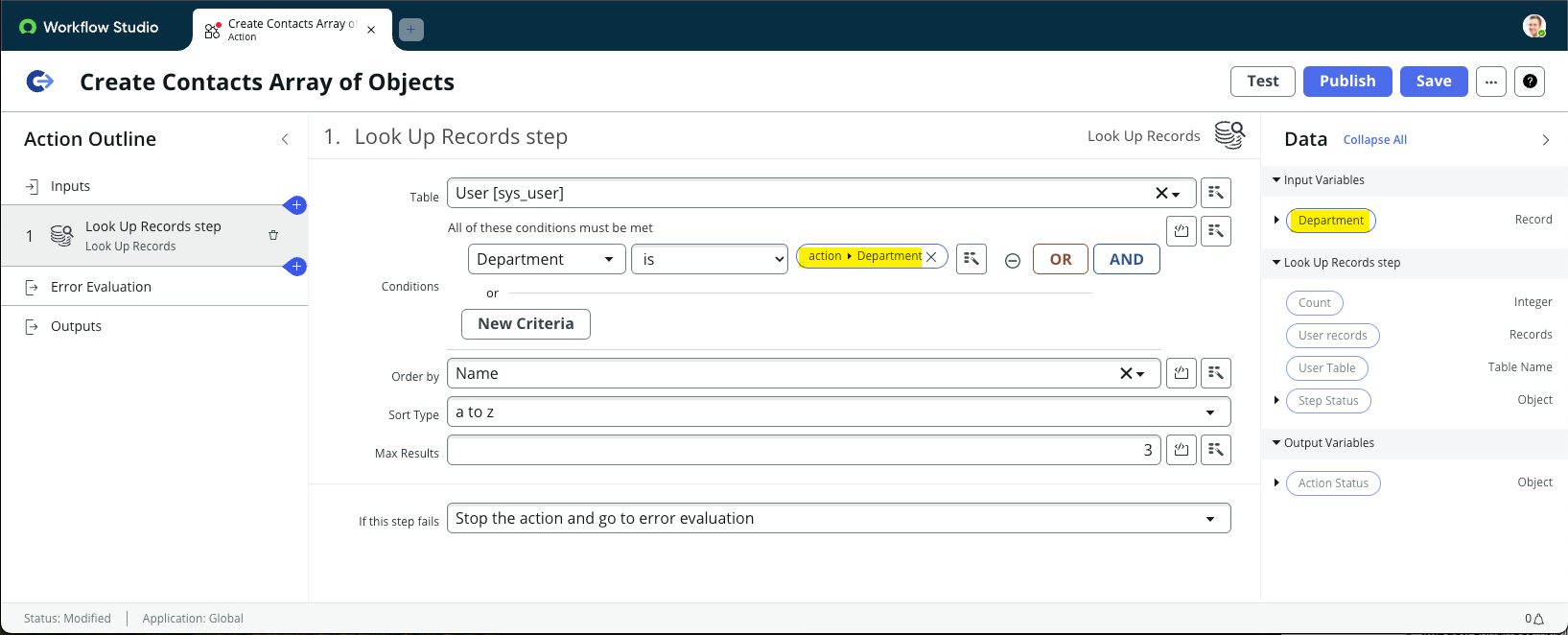 Configure a condição da etapa Pesquisar registros para usar a variável de entrada do departamento.